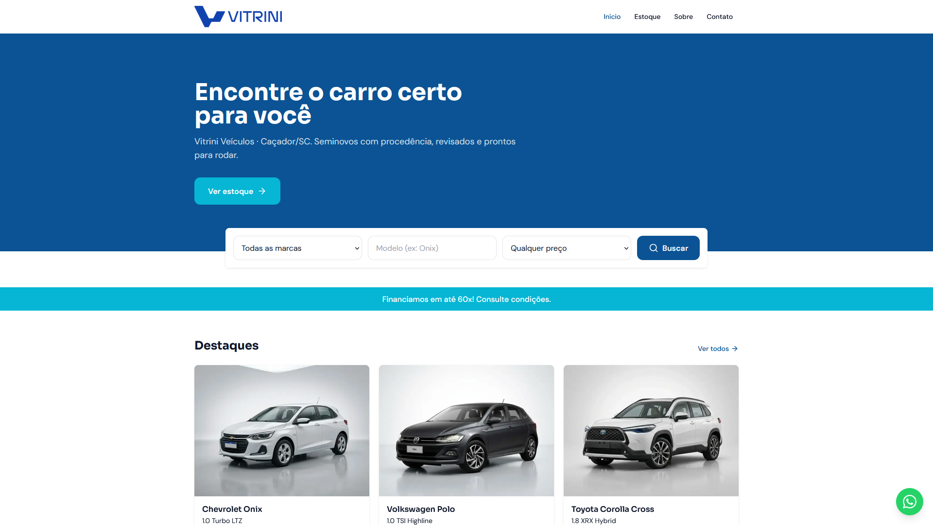 Home do site de uma revenda: busca por marca, modelo e preço, carros em destaque
